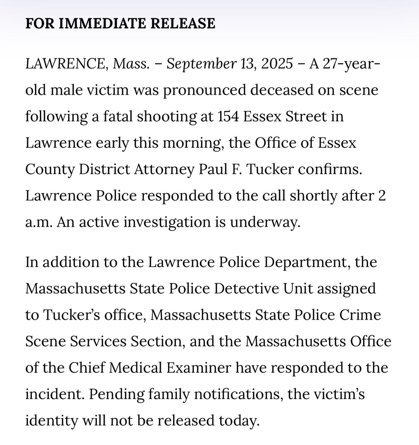 Essex County District Attorney Confirms Fatal Shooting in Lawrence