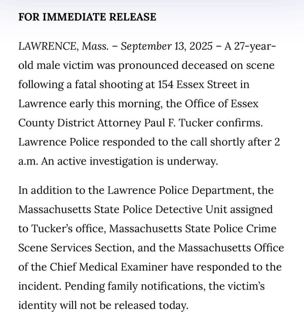 Essex County District Attorney Confirms Fatal Shooting in Lawrence